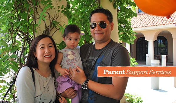 A family photo with a father, mother and daughter. Text overlay says Parent Support Services