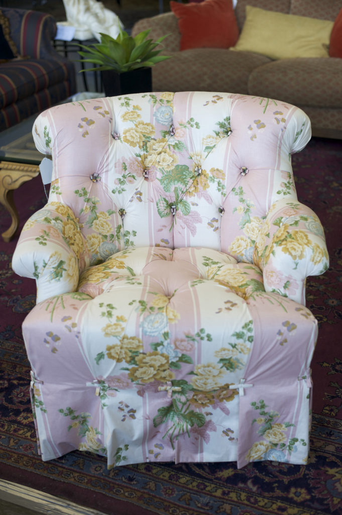 pink chair with floral pattern