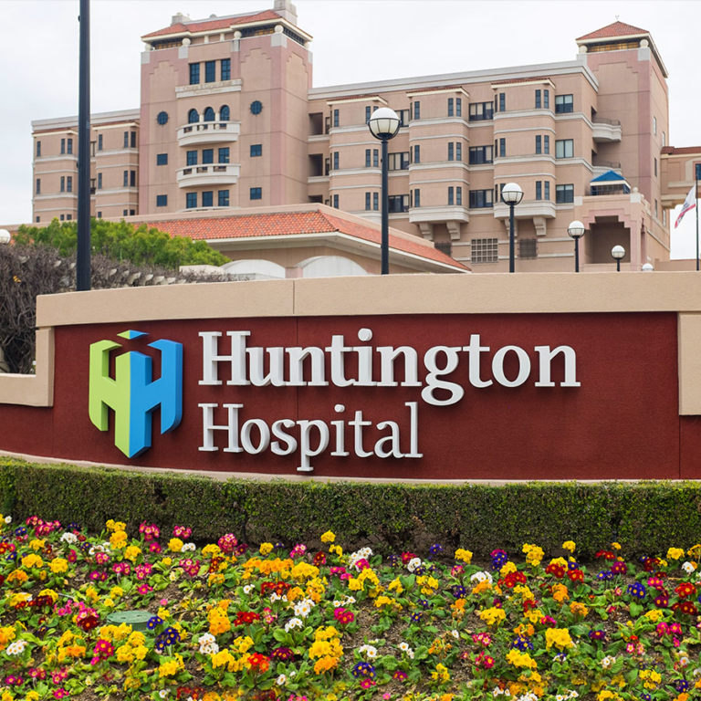 Front building shot of Huntington Hospital with entry sign