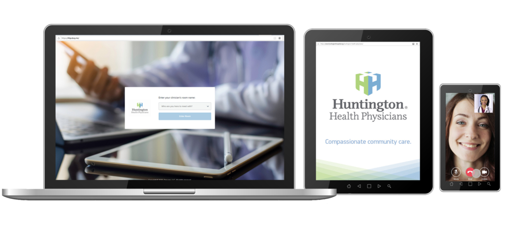Three devices. A laptop with the Huntington Hospital login page on screen, a tablet wih the Huntington Health Physicians logo, and a phone with a call between a physician and patient