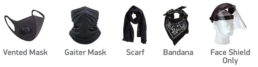 Acceptable face masks including vented mask, gaiter mask, scarf, bandana, and face shield