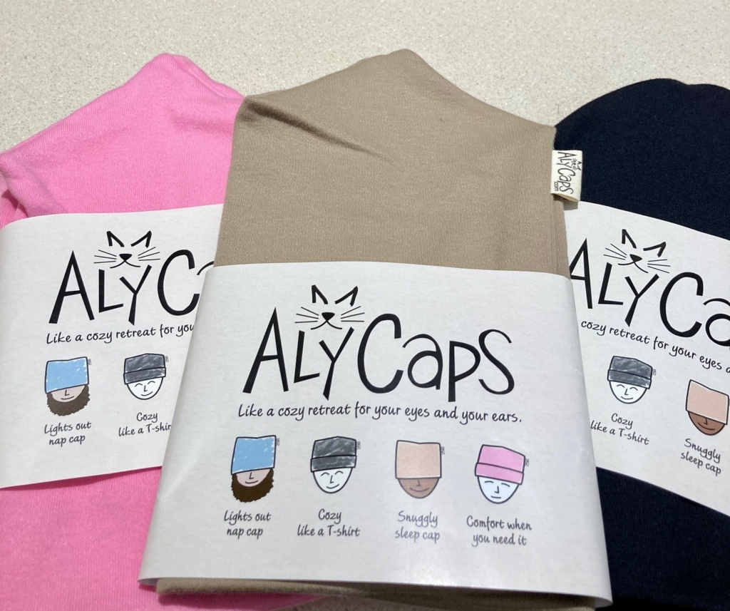 AlyCaps head coverings in pink, tan, and black