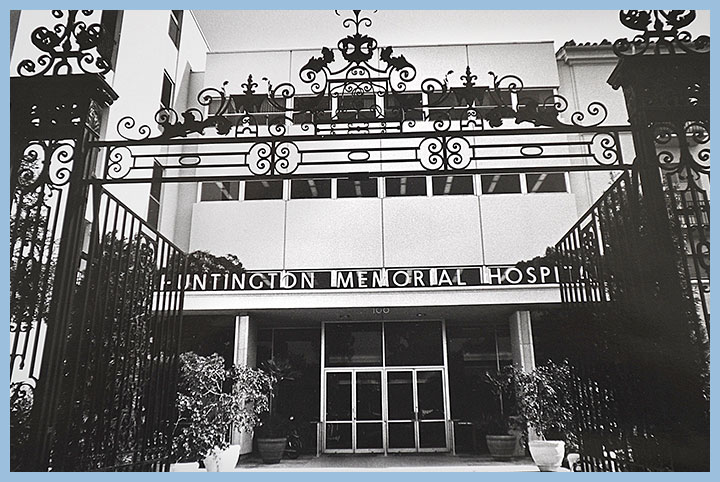 Black and white photo of Huntington Memorial Hospital entrance