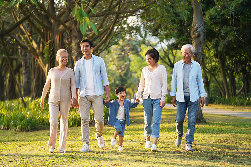 Multi-generational asian family walking in the park