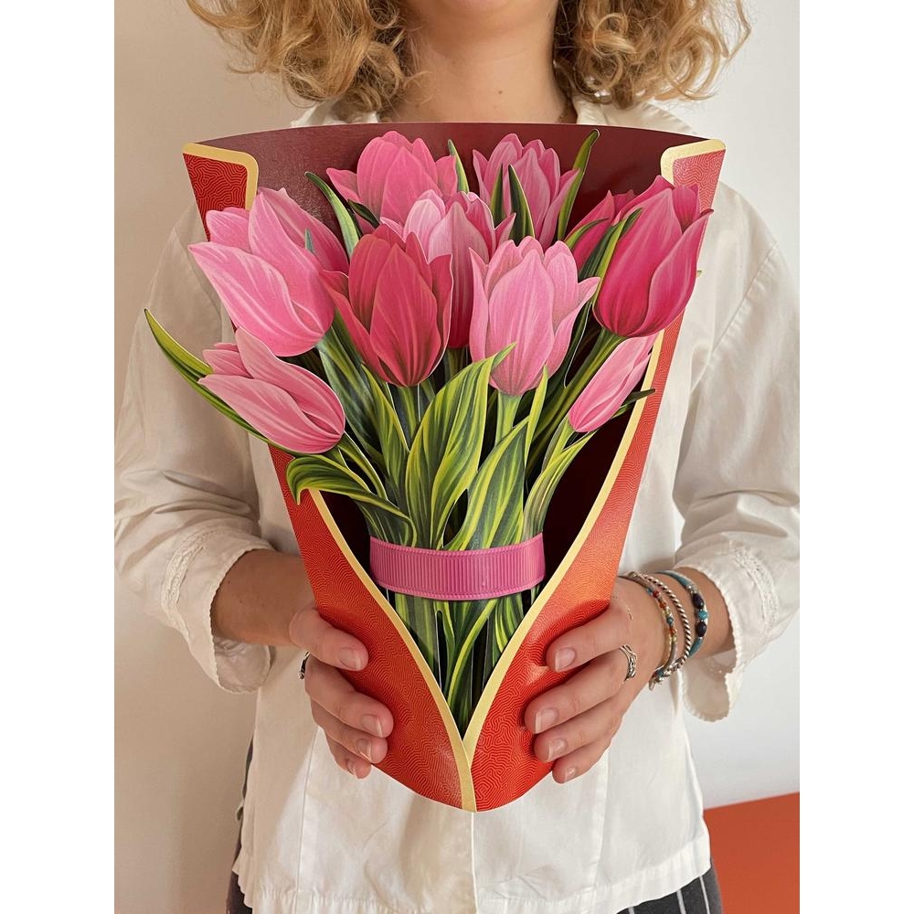 Woman holding an elaborate rose bunch shaped card
