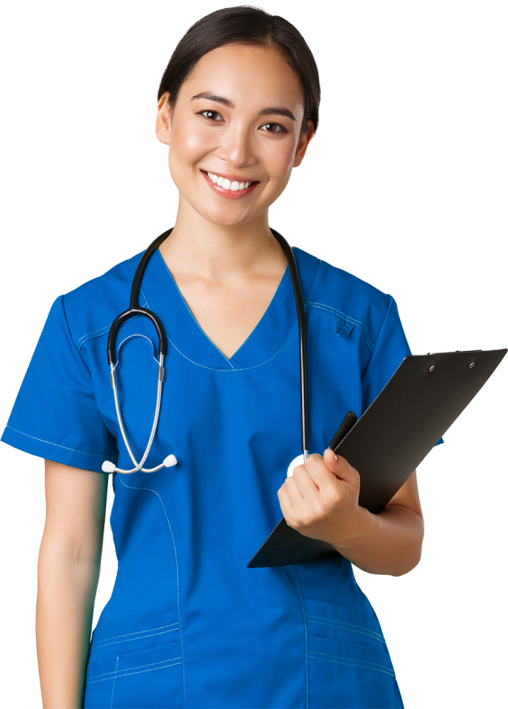 Female doctor in blue scrubs, smiling and holding a clipboard