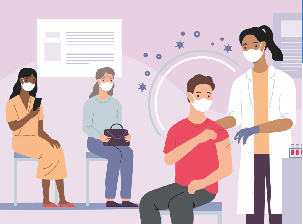Illustration graphic of two people at a flu shot clinic, while one man received a flu shot from a nurse