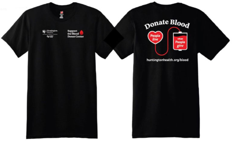 "Donate Blood" black tshirt with white and red text and graphics