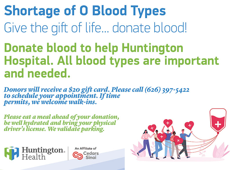Shortage of O blood types! Donors will receive a $20 gift card.