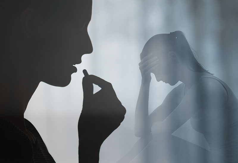 silhouette of woman taking a pill, and then woman looking upset with her hand on her head. Fentanyl education