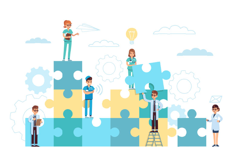 Illustration of different people standing in puzzle-piece tower