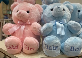 stuffed pink bear and blue bear