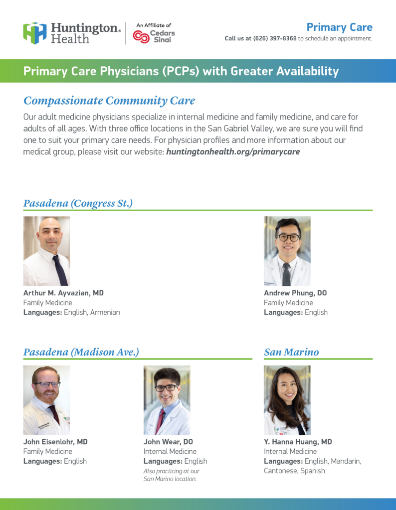 Headshots and information for HHP primary care physicians who have greater availability. 