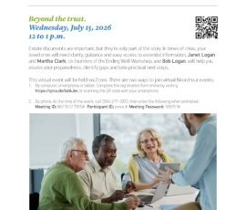 Flyer for virtual event on estate preparedness and crisis guidance.