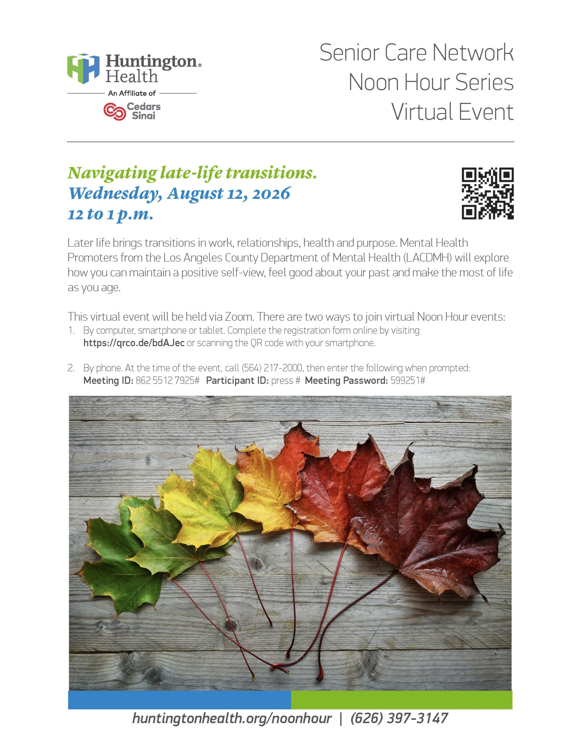 Flyer for virtual event on maintaining positivity during aging.