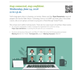 Flyer for virtual event about technology and Senior Planet programs.