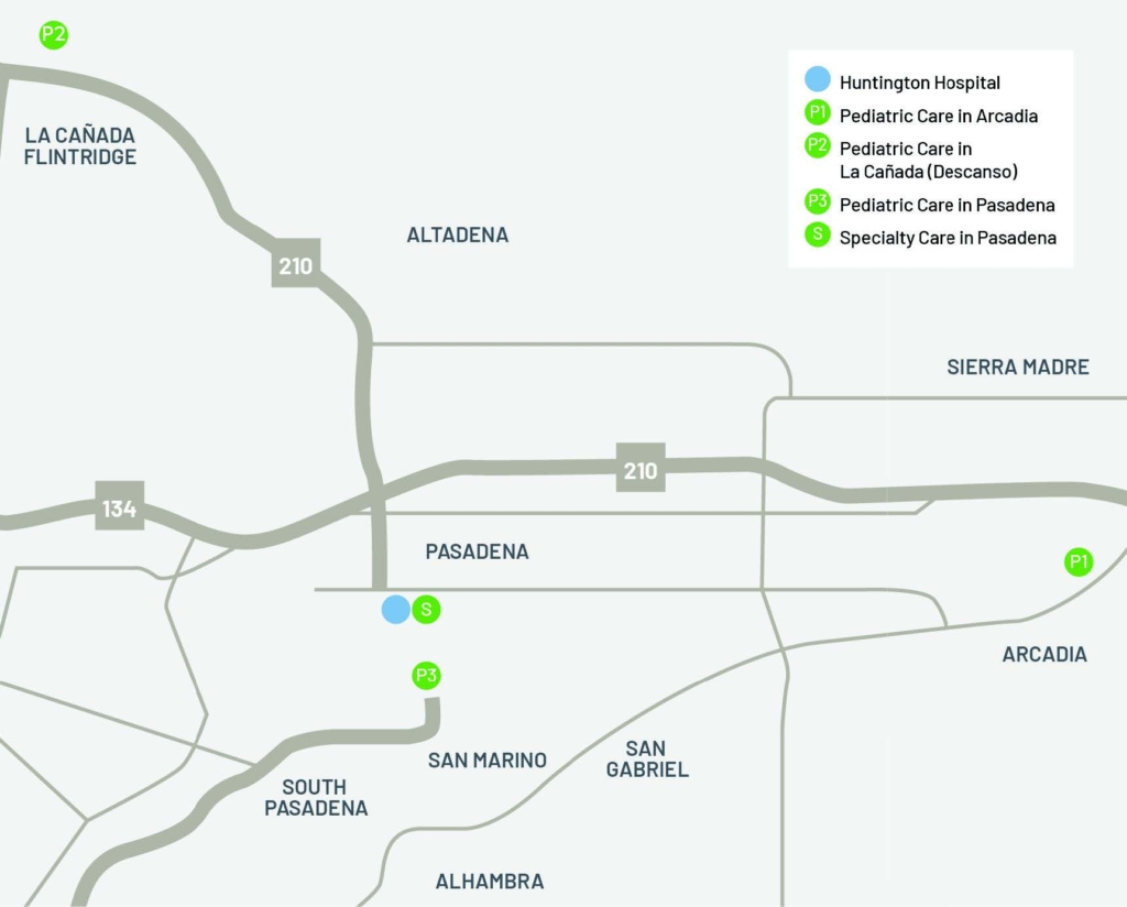 Directional Map of Huntington Hospital and other locations pediatrics and specialty care